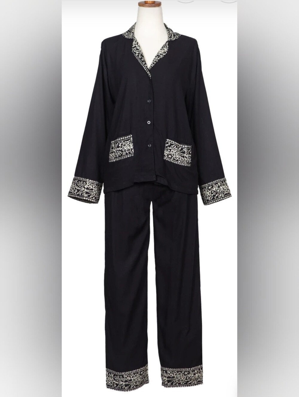 Novica XL Womens Pajama Set Black Rayon Hand Stamped Batik Loungewear 2 Pc Pants